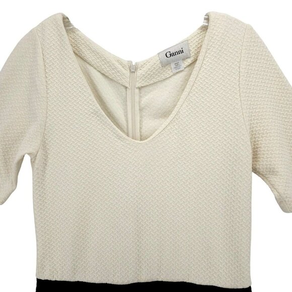 GANNI Dress Black Cream Textured Stretch Knee Length Size LARGE - Picture 2 of 9